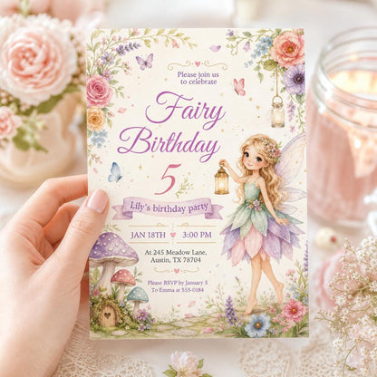 Spring Fairy Birthday Invitation, Flutter Twirl Party, Floral Bow Girl (Canva Template) __etsy:7988014780
