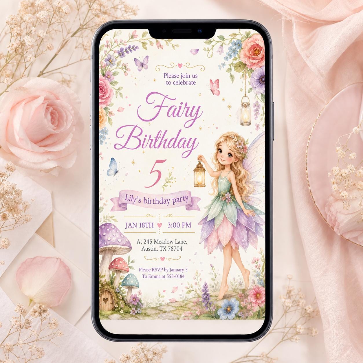 Spring Fairy Birthday Invitation, Flutter Twirl Party, Floral Bow Girl (Canva Template) __etsy:8035954555