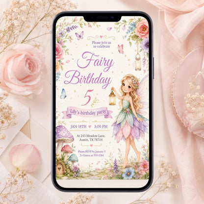 Spring Fairy Birthday Invitation, Flutter Twirl Party, Floral Bow Girl (Canva Template) __etsy:8035954555