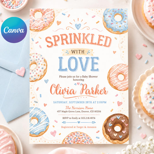 Sprinkled with Love Baby Sprinkle Editable Invitation Template, Donut Baby Sprinkle, Gender Neutral Baby Shower, Editable Canva Template __etsy:8022560446