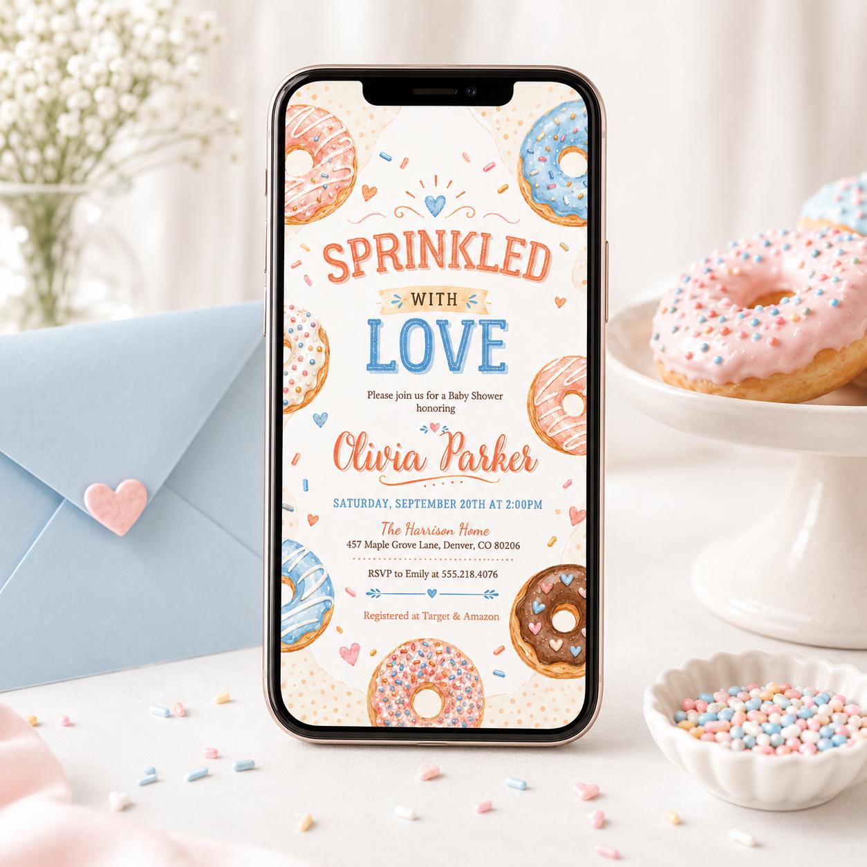 Sprinkled with Love Baby Sprinkle Editable Invitation Template, Donut Baby Sprinkle, Gender Neutral Baby Shower, Editable Canva Template __etsy:8070468245