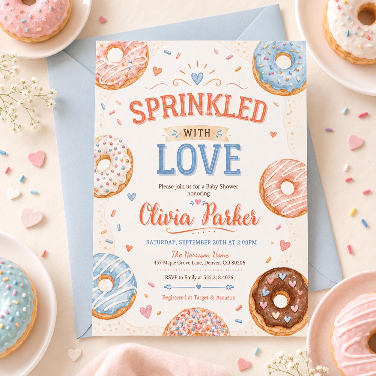 Sprinkled with Love Baby Sprinkle Editable Invitation Template, Donut Baby Sprinkle, Gender Neutral Baby Shower, Editable Canva Template __etsy:8070468255