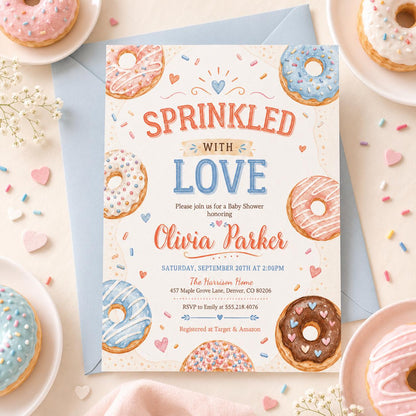 Sprinkled with Love Baby Sprinkle Editable Invitation Template, Donut Baby Sprinkle, Gender Neutral Baby Shower, Editable Canva Template __etsy:8070468255