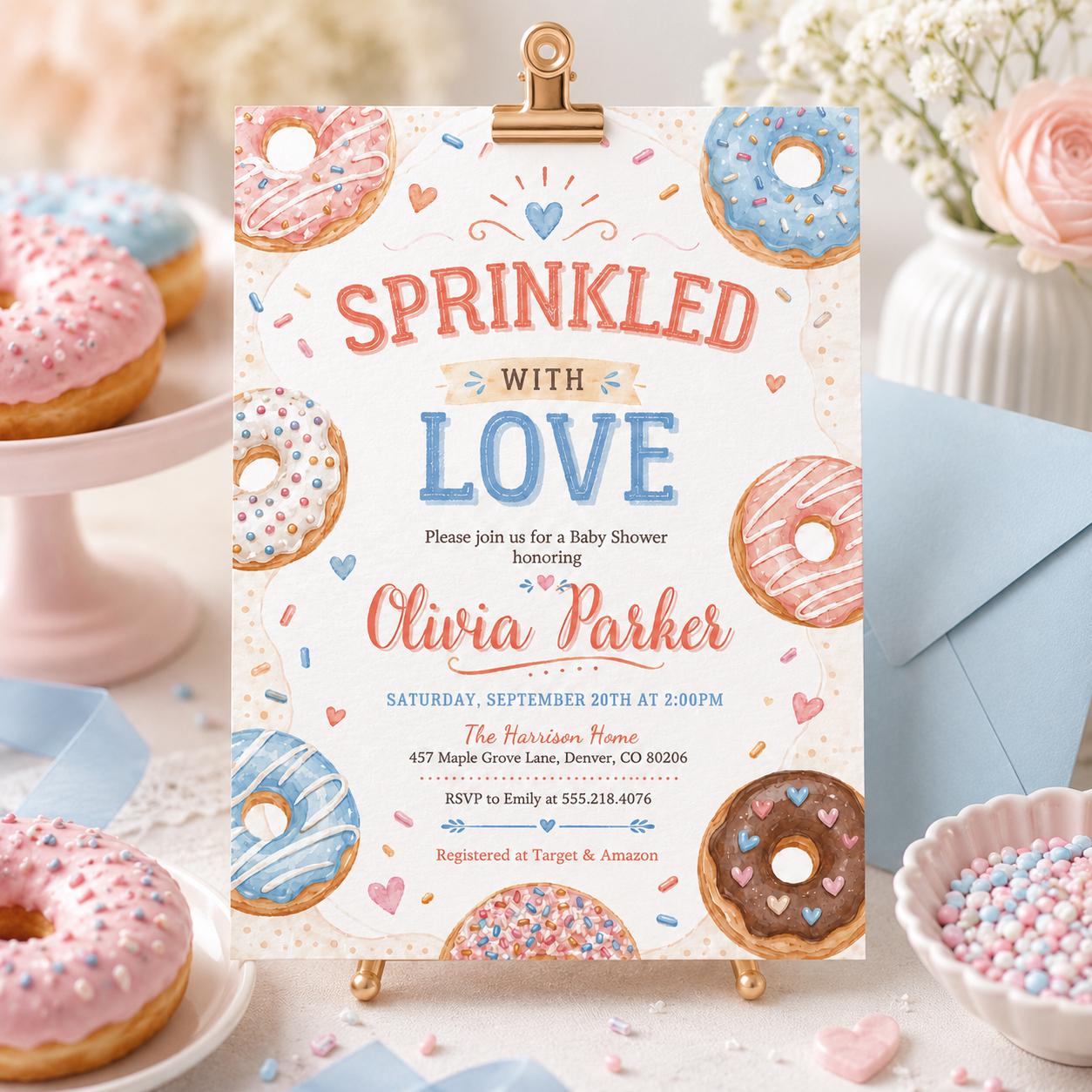 Sprinkled with Love Baby Sprinkle Editable Invitation Template, Donut Baby Sprinkle, Gender Neutral Baby Shower, Editable Canva Template __etsy:8070468259