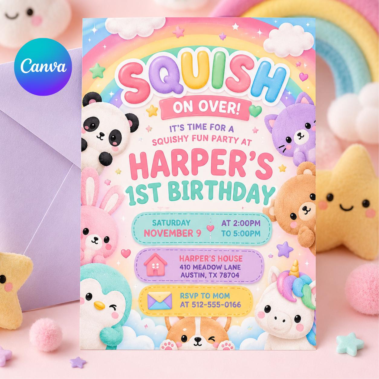 Squishy Fun 1st Birthday Invitation Template, girl birthday invite, squish invitation, squishmallow invite, squishy party, Canva Template __etsy:8054941913