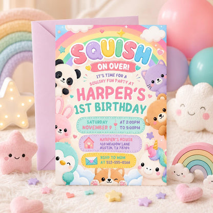 Squishy Fun 1st Birthday Invitation Template, girl birthday invite, squish invitation, squishmallow invite, squishy party, Canva Template __etsy:8054940265