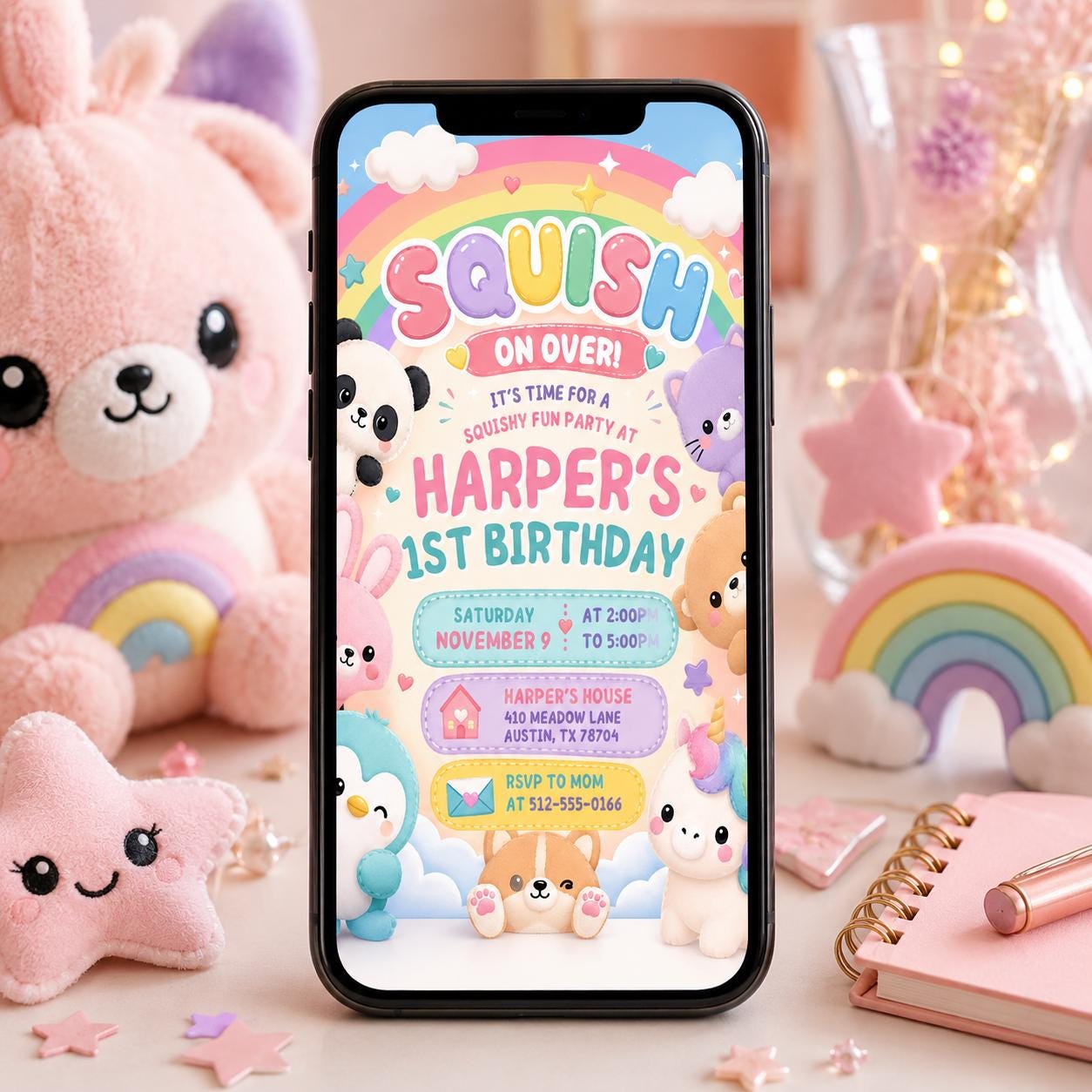 Squishy Fun 1st Birthday Invitation Template, girl birthday invite, squish invitation, squishmallow invite, squishy party, Canva Template __etsy:8007024888
