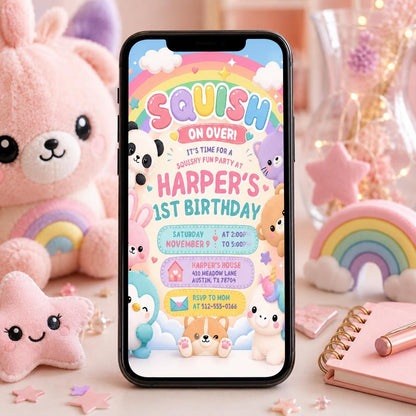 Squishy Fun 1st Birthday Invitation Template, girl birthday invite, squish invitation, squishmallow invite, squishy party, Canva Template __etsy:8007024888