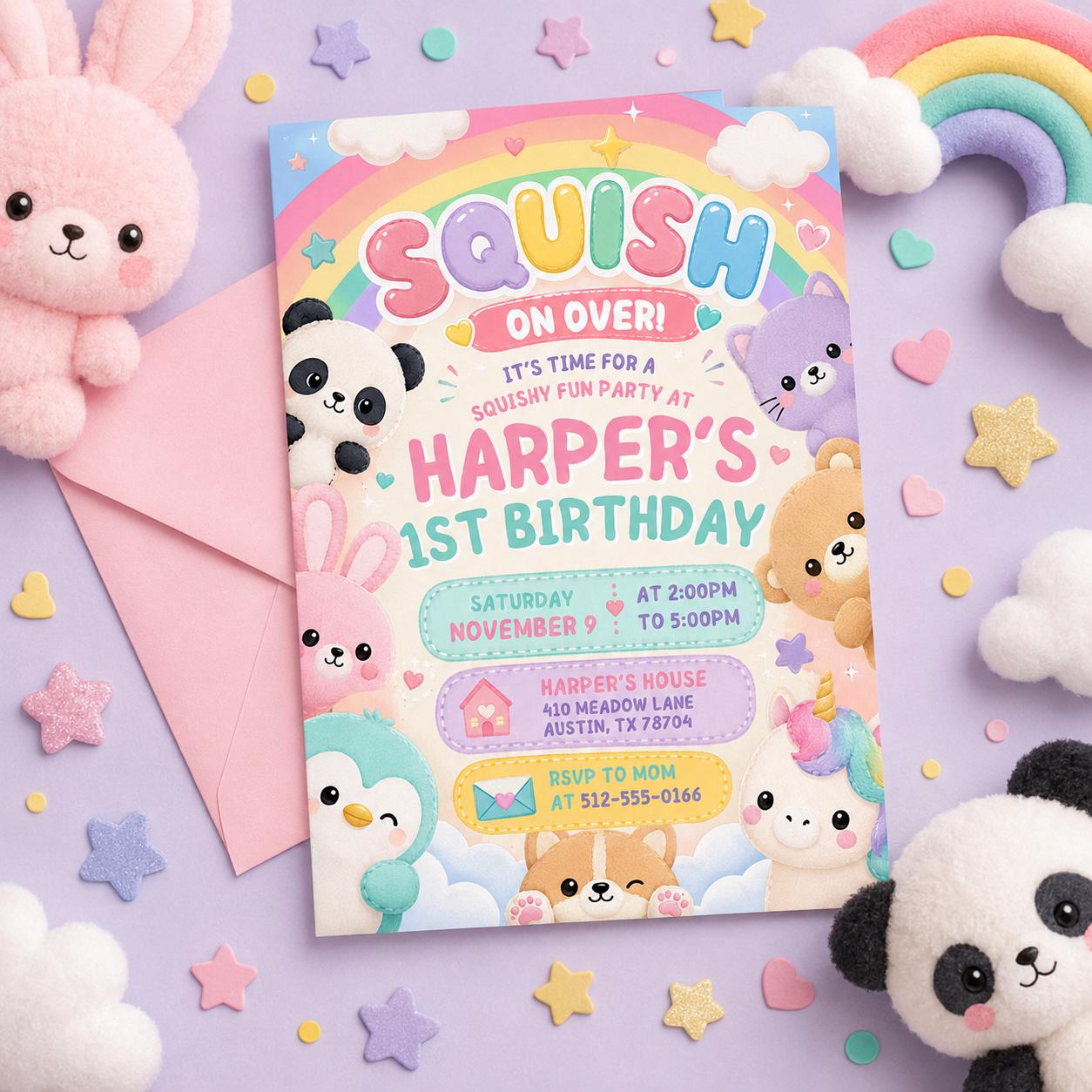 Squishy Fun 1st Birthday Invitation Template, girl birthday invite, squish invitation, squishmallow invite, squishy party, Canva Template __etsy:8054940289