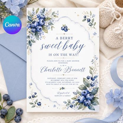 Strawberry Baby Shower Invitation Template, Berry Sweet Baby on the Way Invite, Berry Sweet Invitation, Printable Invite, Canva template __etsy:8052344351