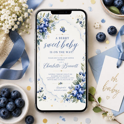 Strawberry Baby Shower Invitation Template, Berry Sweet Baby on the Way Invite, Berry Sweet Invitation, Printable Invite, Canva template __etsy:8004421442