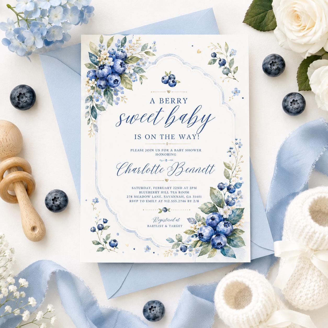 Strawberry Baby Shower Invitation Template, Berry Sweet Baby on the Way Invite, Berry Sweet Invitation, Printable Invite, Canva template __etsy:8052343559