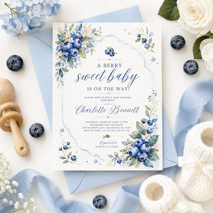Strawberry Baby Shower Invitation Template, Berry Sweet Baby on the Way Invite, Berry Sweet Invitation, Printable Invite, Canva template __etsy:8052343559