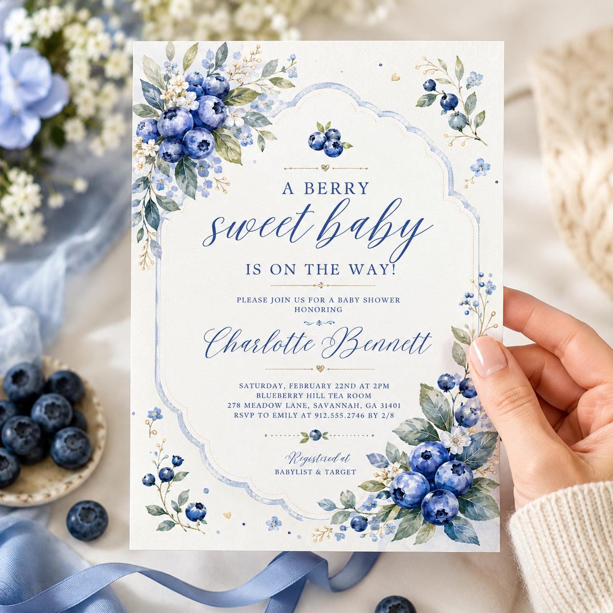Strawberry Baby Shower Invitation Template, Berry Sweet Baby on the Way Invite, Berry Sweet Invitation, Printable Invite, Canva template __etsy:8052343557