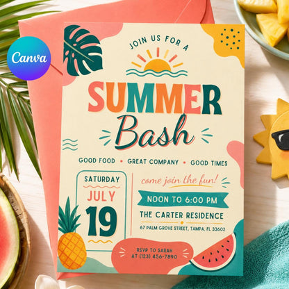 Summer Bash Invite, Summer Party Invitation Goodbye School Hello Summer, Sun Beach Swim Pool Palm Tree Tropical Schools Out, Canva template __etsy:8027179504