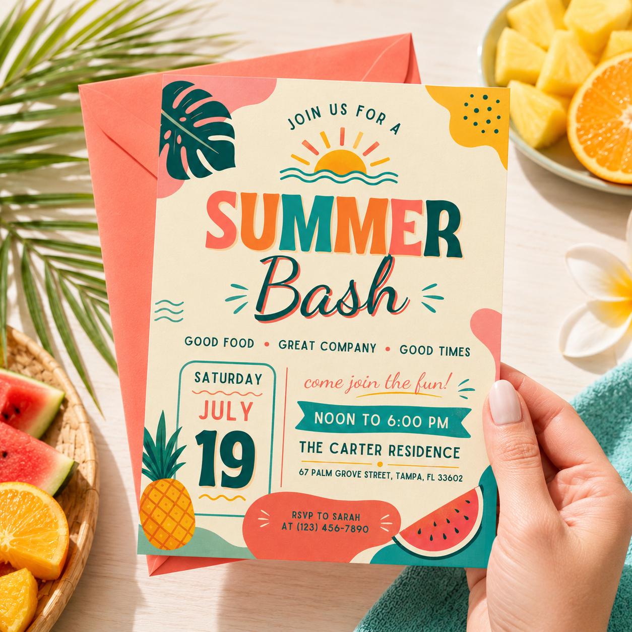 Summer Bash Invite, Summer Party Invitation Goodbye School Hello Summer, Sun Beach Swim Pool Palm Tree Tropical Schools Out, Canva template __etsy:8027177220