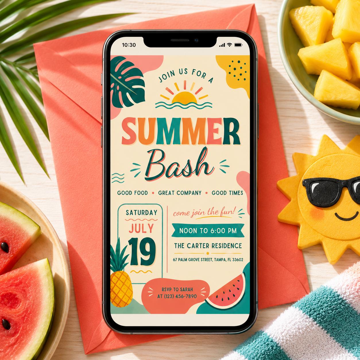 Summer Bash Invite, Summer Party Invitation Goodbye School Hello Summer, Sun Beach Swim Pool Palm Tree Tropical Schools Out, Canva template __etsy:8075091857