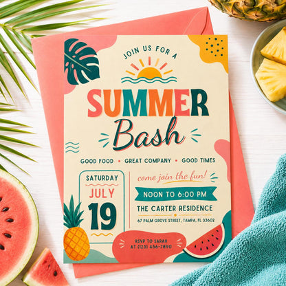 Summer Bash Invite, Summer Party Invitation Goodbye School Hello Summer, Sun Beach Swim Pool Palm Tree Tropical Schools Out, Canva template __etsy:8027177234