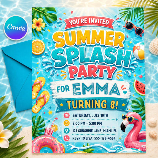 Summer Splash Party Invitation Template, Pool Party Birthday Party Invitation Template, Hand Drawn Whimsical Swim Birthday Invite, Canva __etsy:8105242099