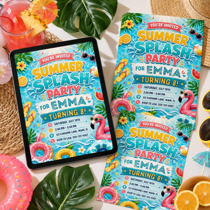 Summer Splash Party Invitation Template, Pool Party Birthday Party Invitation Template, Hand Drawn Whimsical Swim Birthday Invite, Canva __etsy:8057331278
