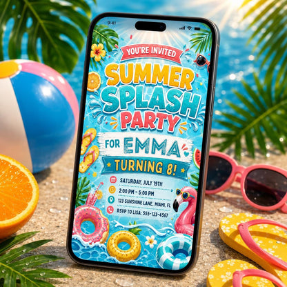 Summer Splash Party Invitation Template, Pool Party Birthday Party Invitation Template, Hand Drawn Whimsical Swim Birthday Invite, Canva __etsy:8057331272
