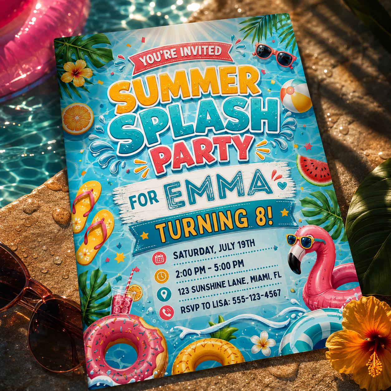 Summer Splash Party Invitation Template, Pool Party Birthday Party Invitation Template, Hand Drawn Whimsical Swim Birthday Invite, Canva __etsy:8057331280