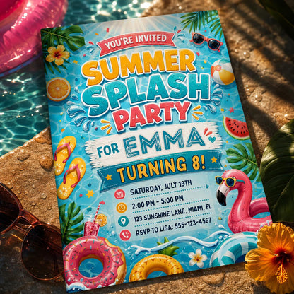 Summer Splash Party Invitation Template, Pool Party Birthday Party Invitation Template, Hand Drawn Whimsical Swim Birthday Invite, Canva __etsy:8057331280