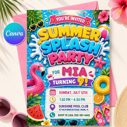 Summer Splash Pool Party Invitation, Pool Party Birthday Party Invitation Template, Hand Drawn Whimsical Swim Birthday Invite Canva Template __etsy:8055895986