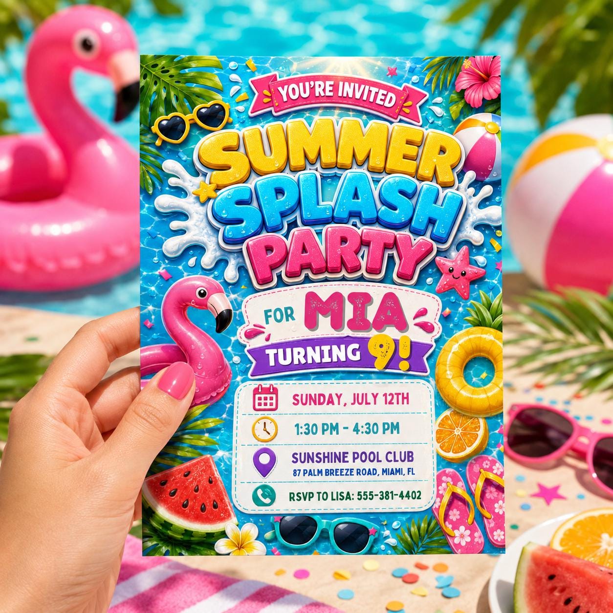 Summer Splash Pool Party Invitation, Pool Party Birthday Party Invitation Template, Hand Drawn Whimsical Swim Birthday Invite Canva Template __etsy:8055895808