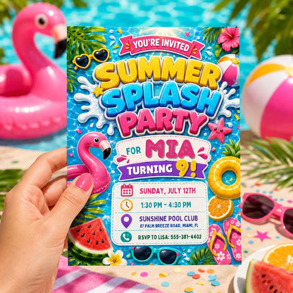 Summer Splash Pool Party Invitation, Pool Party Birthday Party Invitation Template, Hand Drawn Whimsical Swim Birthday Invite Canva Template __etsy:8055895808