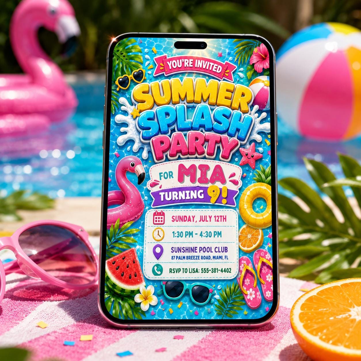 Summer Splash Pool Party Invitation, Pool Party Birthday Party Invitation Template, Hand Drawn Whimsical Swim Birthday Invite Canva Template __etsy:8103807285