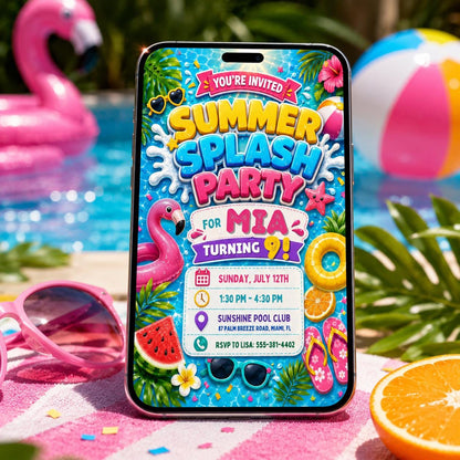 Summer Splash Pool Party Invitation, Pool Party Birthday Party Invitation Template, Hand Drawn Whimsical Swim Birthday Invite Canva Template __etsy:8103807285