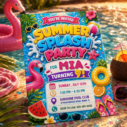 Summer Splash Pool Party Invitation, Pool Party Birthday Party Invitation Template, Hand Drawn Whimsical Swim Birthday Invite Canva Template __etsy:8055895824