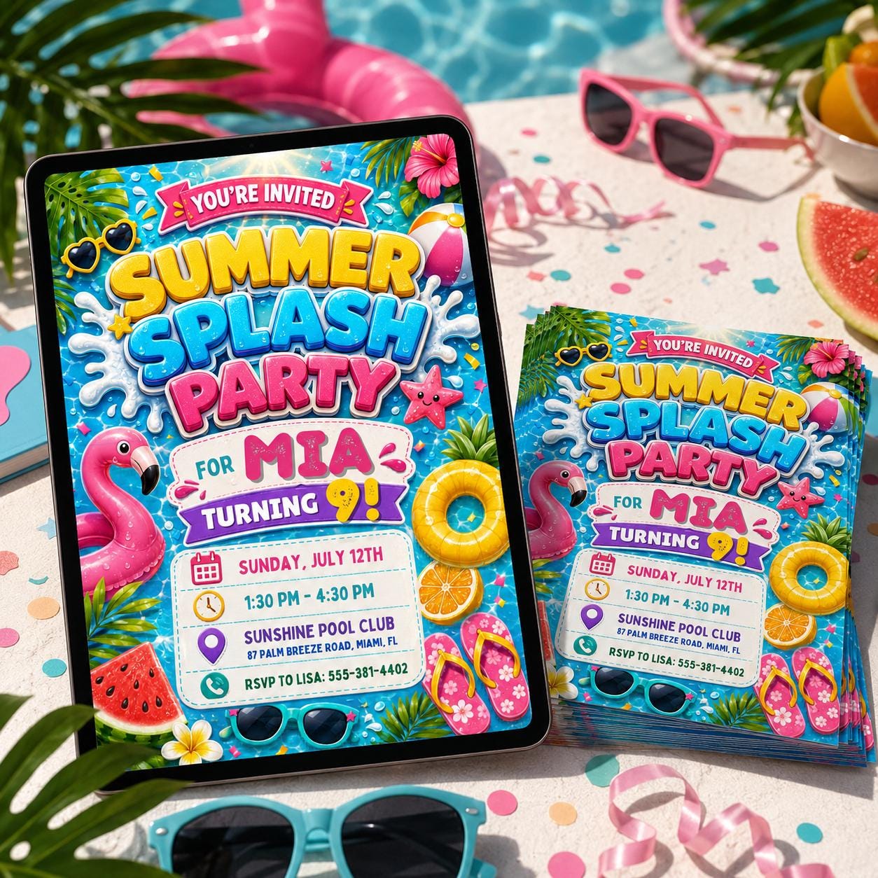 Summer Splash Pool Party Invitation, Pool Party Birthday Party Invitation Template, Hand Drawn Whimsical Swim Birthday Invite Canva Template __etsy:8103807465