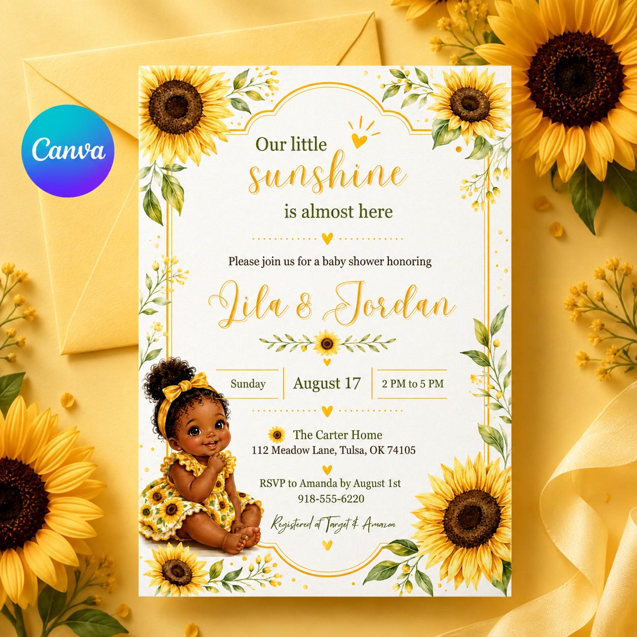 Sunflower Baby Shower Invitation, Our little Sunshine Theme, Little Ray of Sunshine Baby Shower Invitation, Sunshine Baby Shower, Canva __etsy:8038653376