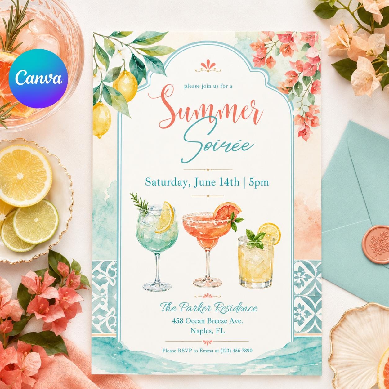 Sunset Soirée Summer Party Invitation, Summer Soiree Party Invite, Hand Drawn Summer Cocktail Drinks Party Invitation, Editable Canva __etsy:8026996456