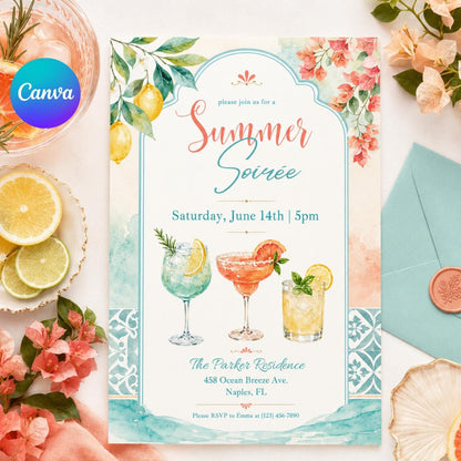 Sunset Soirée Summer Party Invitation, Summer Soiree Party Invite, Hand Drawn Summer Cocktail Drinks Party Invitation, Editable Canva __etsy:8026996456