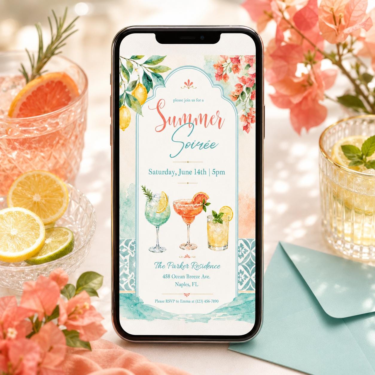 Sunset Soirée Summer Party Invitation, Summer Soiree Party Invite, Hand Drawn Summer Cocktail Drinks Party Invitation, Editable Canva __etsy:8074908951