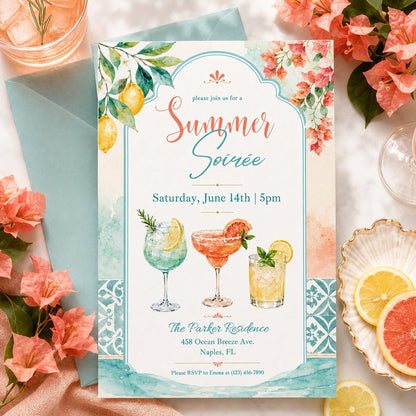 Sunset Soirée Summer Party Invitation, Summer Soiree Party Invite, Hand Drawn Summer Cocktail Drinks Party Invitation, Editable Canva __etsy:8026993998
