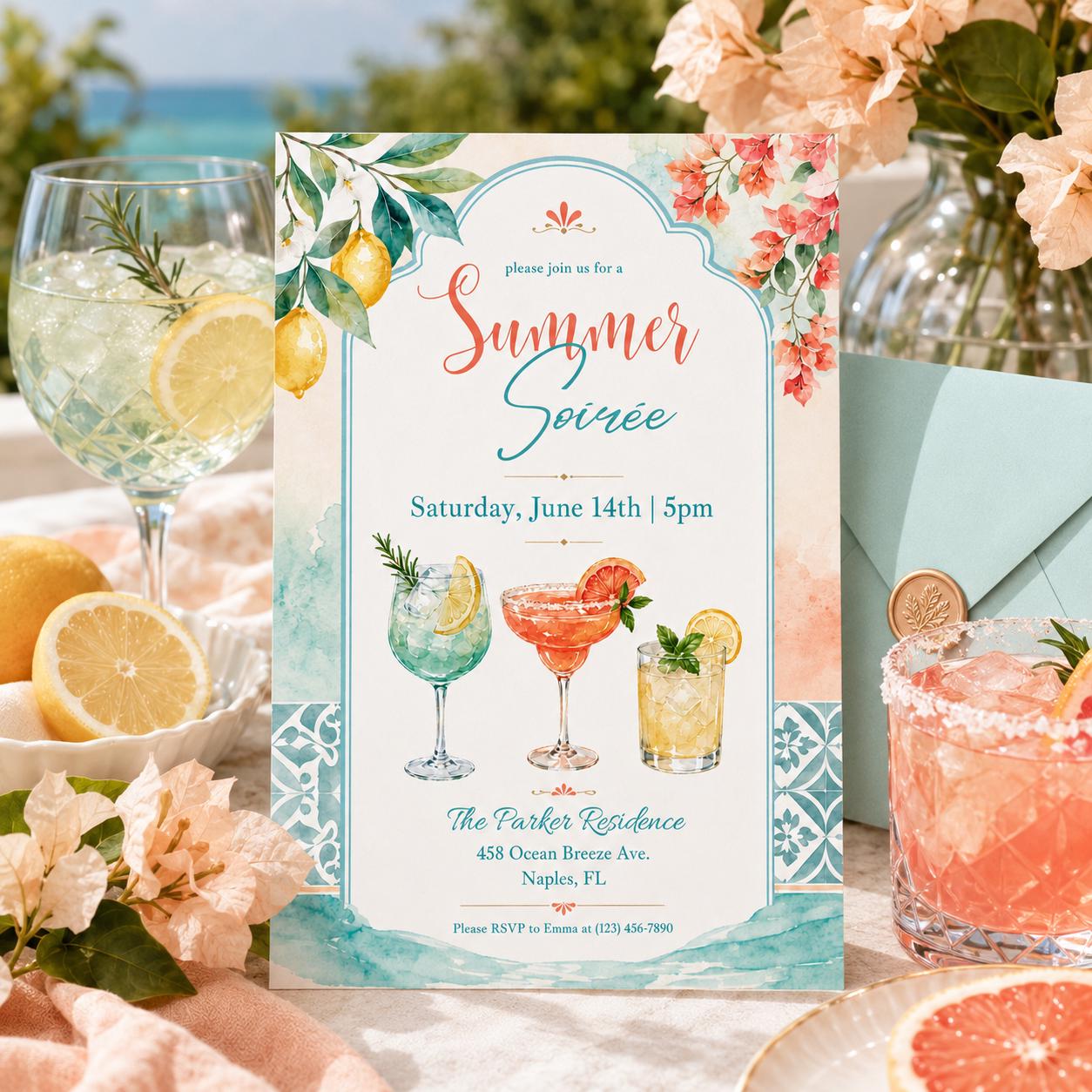 Sunset Soirée Summer Party Invitation, Summer Soiree Party Invite, Hand Drawn Summer Cocktail Drinks Party Invitation, Editable Canva __etsy:8074908973