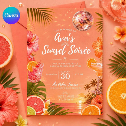 Sunset Soirée Summer Party Invitation, Tropical Party, Pink Citrus, Disco Ball, Editable Canva Template __etsy:8040286620