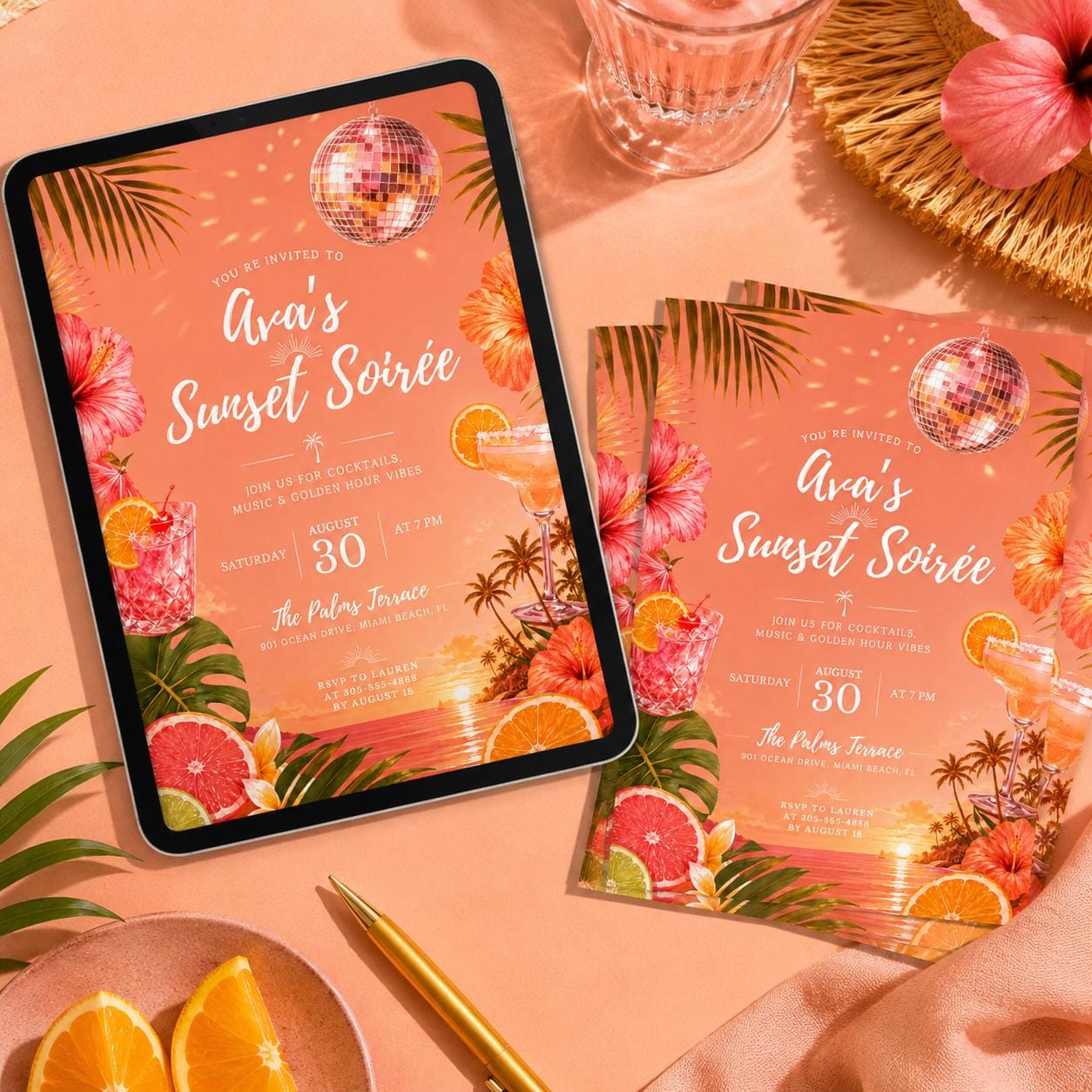 Sunset Soirée Summer Party Invitation, Tropical Party, Pink Citrus, Disco Ball, Editable Canva Template __etsy:8040294740