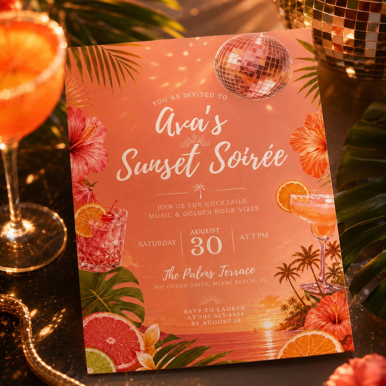 Sunset Soirée Summer Party Invitation, Tropical Party, Pink Citrus, Disco Ball, Editable Canva Template __etsy:8040293040