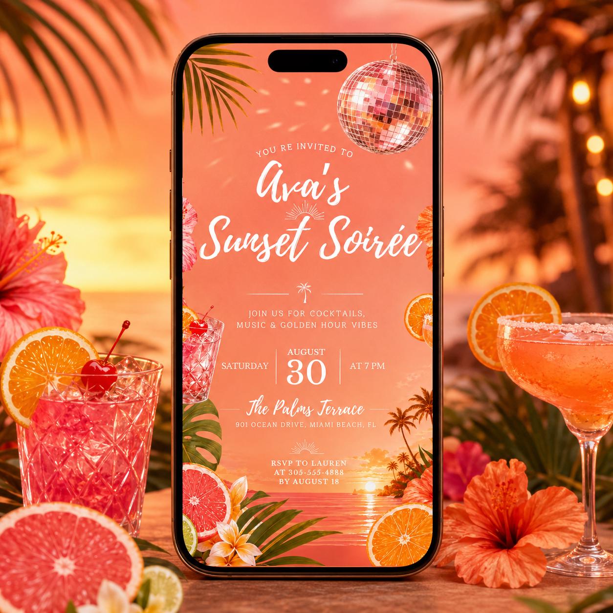 Sunset Soirée Summer Party Invitation, Tropical Party, Pink Citrus, Disco Ball, Editable Canva Template __etsy:8040293788