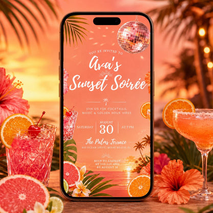Sunset Soirée Summer Party Invitation, Tropical Party, Pink Citrus, Disco Ball, Editable Canva Template __etsy:8040293788
