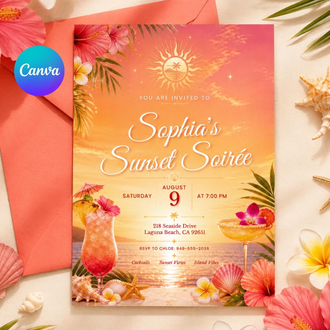 Sunset Soirée Summer Party Invitation for Print and Mobile (Editable Canva, Digital Download) __etsy:7991717778