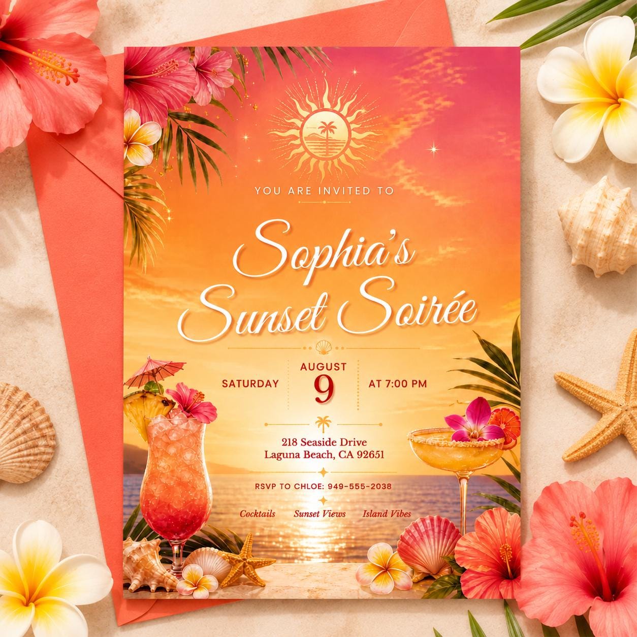 Sunset Soirée Summer Party Invitation for Print and Mobile (Editable Canva, Digital Download) __etsy:8039654965