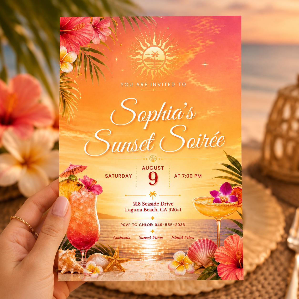 Sunset Soirée Summer Party Invitation for Print and Mobile (Editable Canva, Digital Download) __etsy:8039655127