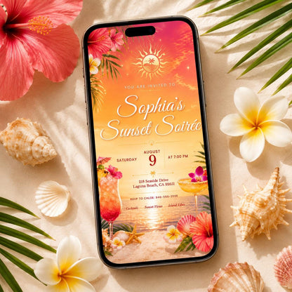 Sunset Soirée Summer Party Invitation for Print and Mobile (Editable Canva, Digital Download) __etsy:8039655149
