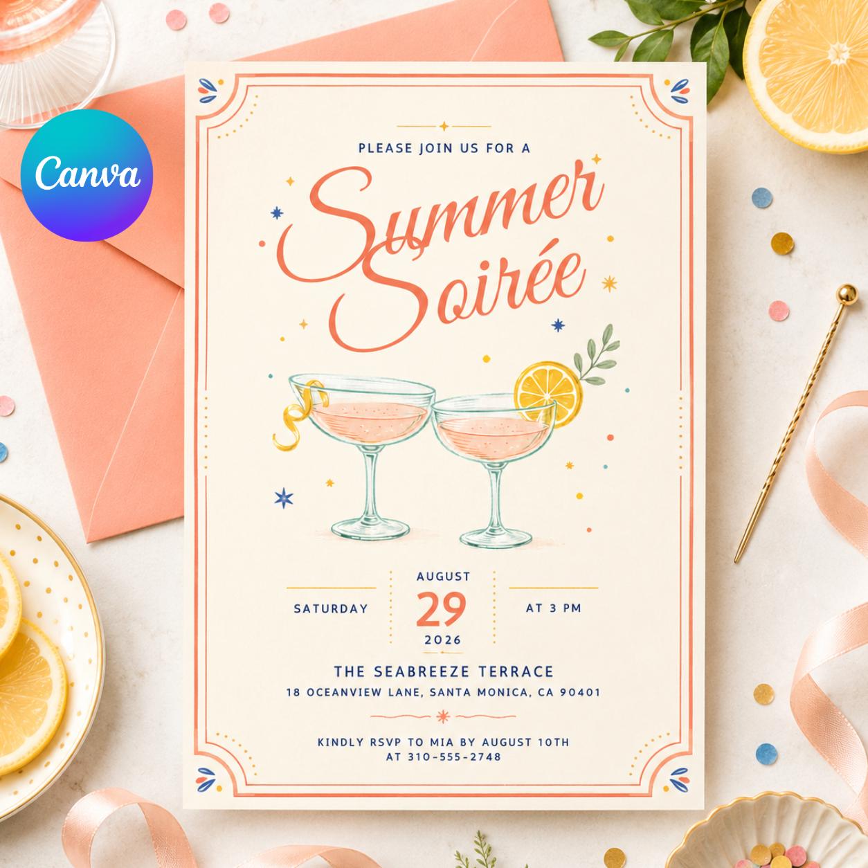 Sunset Soirée Summer Party Invitation for Print and Mobile (Editable Canva Template) __etsy:8050242519